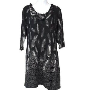 Papillon Womens BOHO Sweater Dress Meadium Black Feather Print Ruffle Mini NWT